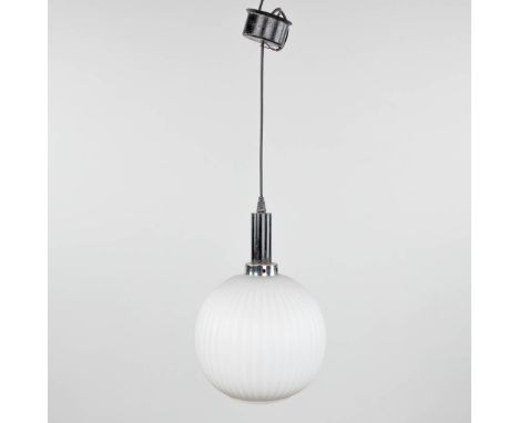 A suspension lamp, opaline glass and chromed metal.&nbsp;(H:40 x D:24 cm)