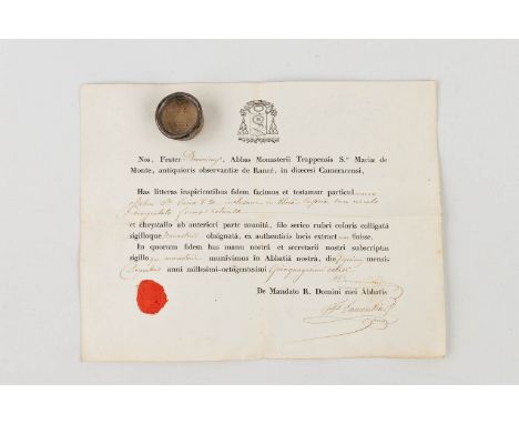 A sealed Theca with relic: Ex ossibus Sancto Luciae&nbsp;V. M.The theca has a relic for Saint Lucia Virginis, Martyr.&nbsp;Th