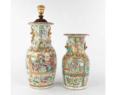 Two Chinese Canton vases. 19th/20th century.&nbsp;One vase rebuilt as a table lamp.&nbsp;Dimensions for the lamp, but only th