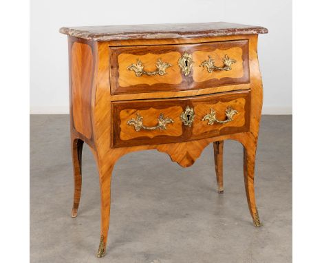Pierre Flechy (1715-1769) A small two-drawer commode with a marble top. 18th C.&nbsp;Finished with wood veneer and bronze.&nb