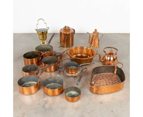 A collection of copper accessories and kitchen utensils.&nbsp;Some pieces are marked 'Gaillard, Paris' &amp; 'Heldenberg' Bru