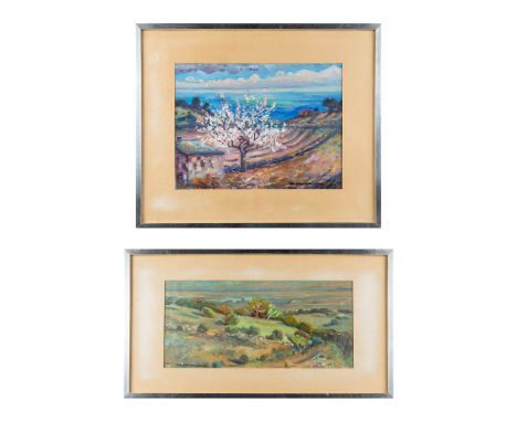 Charly DEVARENNES (1928-2010) 'Cherry Tree &amp; 'Landscape'A set of 2 paintings, oil on paper.&nbsp;(W:46 x H:35 cm)