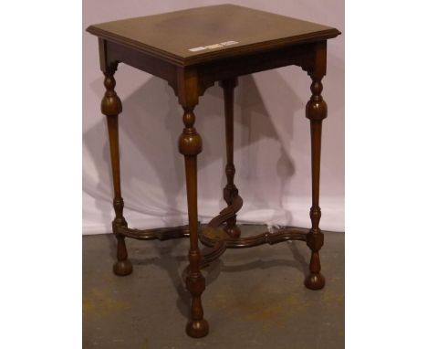 A 19th century inlaid lamp table with bent stretchers on turned supports with shaped stretchers, 50 x 50 x 78 cm H. 