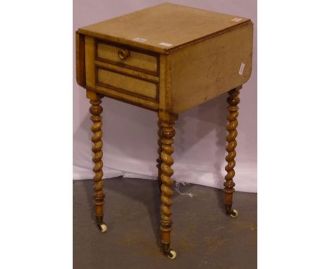 A Victorian Birdseye maple pot cupboard, with fall front and two drop-leaves, raised on twist supports, 39 x 46 x 75 cm H, le