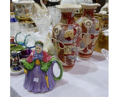 A vintage teapot "Little Old Lady", No 827653; a pair of 20th century Japanese Satsuma vases decorated with figures, mark to 