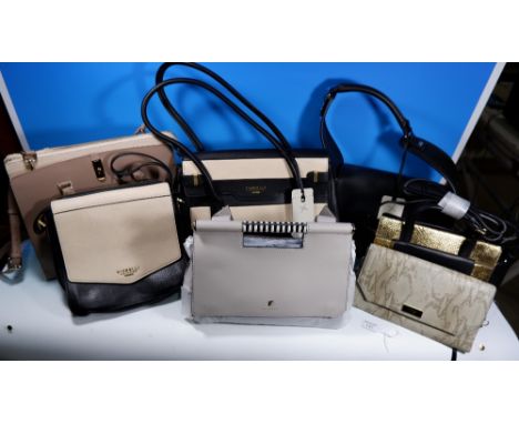 Five Fiorelli bags:  a Taylor Mono crossbody, with tag; a Deacon Mono stripe flap over tote, with tag; an Austin misty grey s