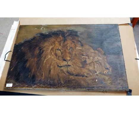 E M Abbey:  oil on canvas, portrait of a lion and his mate, signed E. M. Abbey, 1906, 20" x 30"; Computer Art 1974:  UMIST 15