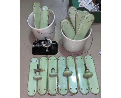 An early 20th century scientific instrument; 22 Victorian green ceramic door finger plates and similar knobs