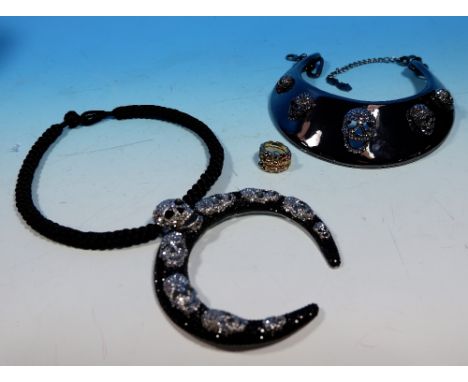 A Butler and Wilson choker diamante skull necklace and another similar and a stone set ring