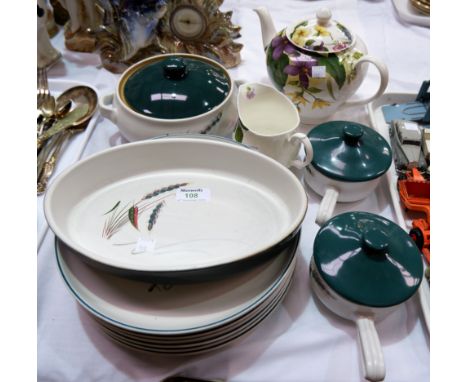 A selection of Denby Greenwheat stoneware including tureen and 6 plates; a bone china teapot and jug