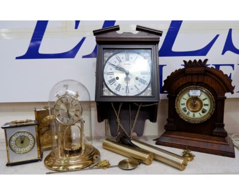 An American stained wood cased mantel clock, other reproduction clocks