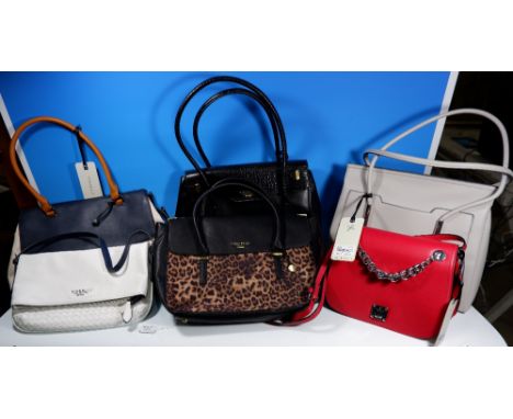 Six Fiorelli handbags:  a black/animal print; a Deacon flipover tote in black crocodile, with tag; a Harper nautical tote, wi