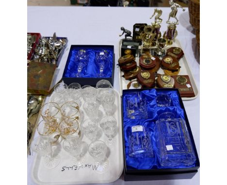 A Bohemia crystal decanter, boxed; a pair of similar hock glasses; various others; various bowling trophies