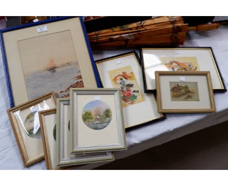 June Garshaw:  4 miniature circular watercolours, landscape scenes, diameter 3½", framed; an oriental bamboo and paper paraso