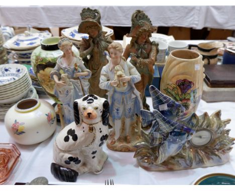 Two pairs of 19th century bisque figures (1 a.f.), a china mantel clock with fish, a Poole vase and other china