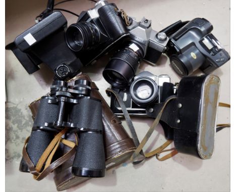 A pair of Prinz binoculars; a selection of cameras and equipment including Zenit, Olympus, Practica, JVC and a slide projecto