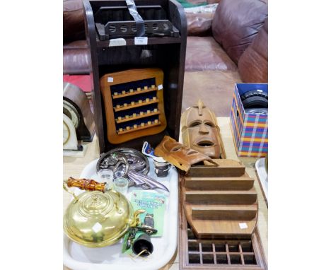 An oak wall shelf/pipe rack; thimble racks; etc. 