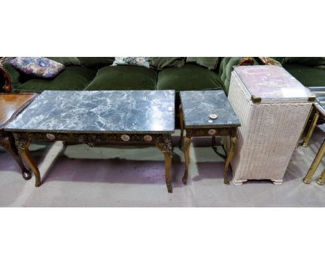 A coffee table and occasional table in Louis XV gilt and marble effect; a Lloyd Loom linen basket