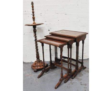 Nest of three mahogany occasional tables, in the Georgian style, width 48cms and smaller, a walnut stand with spiral twist co