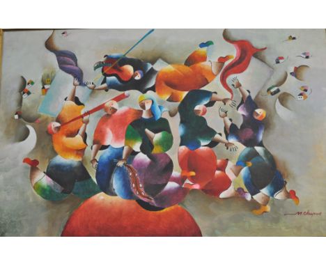 M Chapot, figures signed oil on canvas, 61x92cm.
