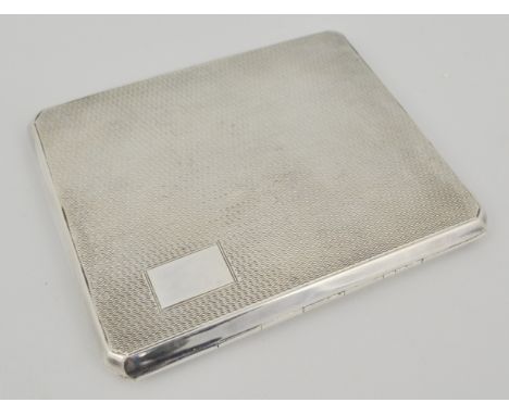 Silver cigarette case, rectangular form, engine turned and with a gold inlaid band, engraved initials LABFG, Birmingham, leng