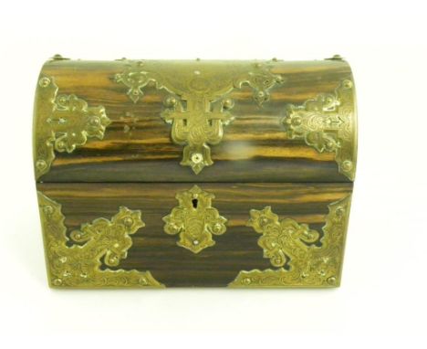 A VICTORIAN MARBLE WOOD TEA CADDY MOUNTED WITH PIERCED AND ENGRAVED BRASS STRAPWORK TO THE SIDES AND COFFERED LID, ADAPTED AS