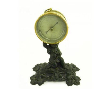 A VICTORIAN BRASS ANEROID BAROMETER WITH CURVED THERMOMETER, THE SILVERED DIAL ENGRAVED F W WEST 31 COCKSPUR ST LONDON, ON AS