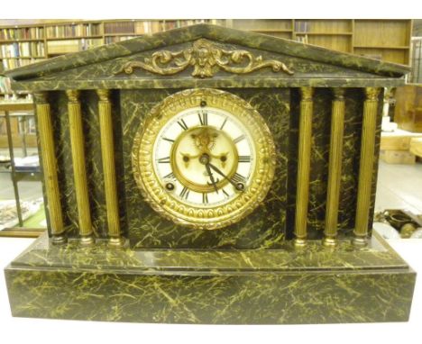 AN ANSONIA CLOCK CO VERDE MARBLE TREMPLOI CAST IRON ARCHITECTURAL CLOCK WITH BRASS PILLARS AND BROCOT ESCAPEMENT, LATE 19TH C