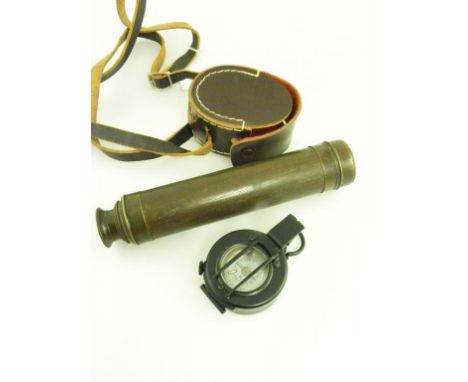 A HILGER & WATTS BLACK ANODISED PRISMATIC COMPASS WITH MOTHER OF PEARL ROSE, LEATHER CASE AND A VICTORIAN BRASS REFRACTING TE