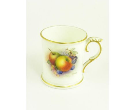 A ROYAL WORCESTER MUG, PAINTED BY H EVERETT SIGNED WITH A GROUP OF FRUIT AND BLOSSOM, GILT HANDLE AND RIMS, PUCE PRINTED MARK