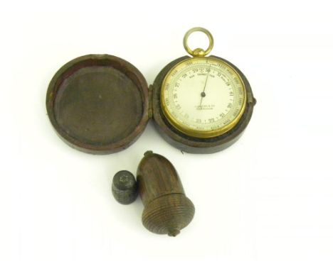 A VICTORIAN GILT BRASS POCKET BAROMETER BY J LACKING & CO BIRMINGHAM, MILLED BEZEL IN MOROCCO CASE AND A SILVER THIMBLE IN TU