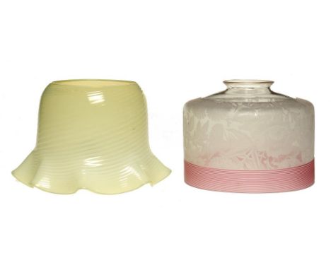 A PAIR OF TRAILED, ENGRAVED, CUT AND FROSTED GLASS OIL LAMP SHADES, PROBABLY STOURBRIDGE 18.5cm diam, c1860