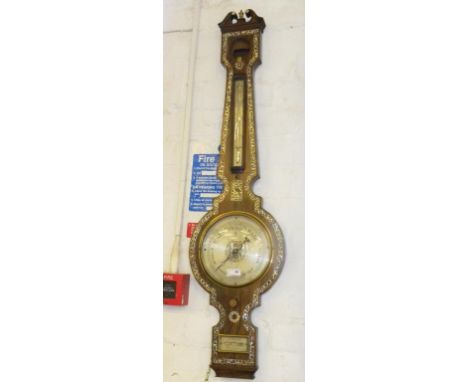 A VICTORIAN MOTHER OF PEARL INLAID ROSEWOOD BAROMETER, THE LEVEL SIGNED A HEALD WISBEACH