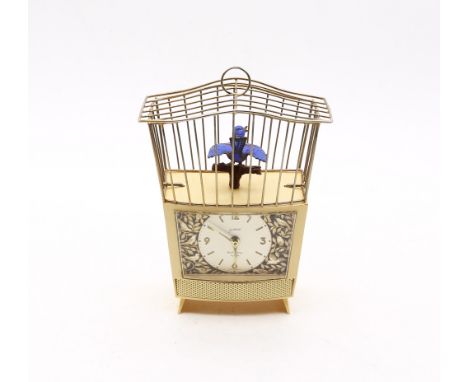 A Goldbuhl, Bird-Song alarm clock automaton with bird in cage, approx. 18cm high x 13.7cm wide. Untested.