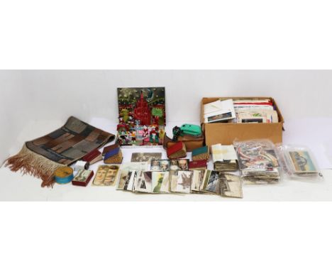 A collection of mixed postcards, matchbox covers, small pocket maps, paper greeting cards with pop out designs inc. "Your For