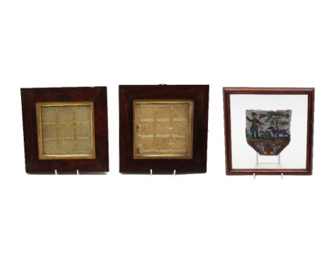 A pair of framed lacework pieces, together with a framed and glazed needlework of a hunting scene. Measuring approx. 22cm x 2