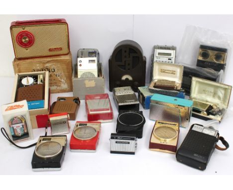 A collection of mixed pocket transistor radios, makers including Sony, Ferguson, Standard and Bulova, together with slightly 