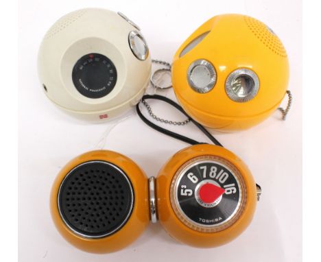 Two novelty National Panasonic R-70 Panapet radios, both with metal chains, one yellow other white colourways. Together with 