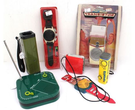 Vintage radios comprising Aitron Wristo wristwatch radio, multicolour wristwatch radio, Beach Boy transistor radio, Sintonia 
