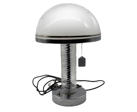 A Mid-Century Art Deco style 'mushroom' shaped table lamp, having domed opal white shade with chrome banding, central chrome 