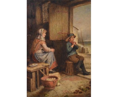 A late nineteenth century Newlyn School oil on canvas entitled "The Fisherman`s Cottage" scene with two children, a girl sitt