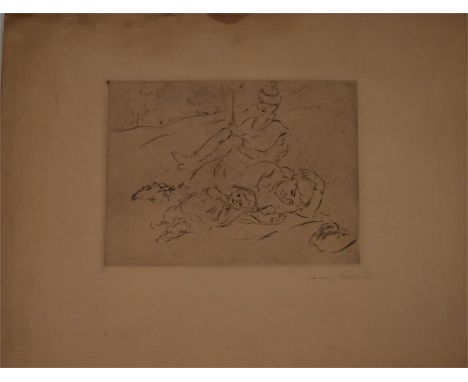 A lithograph drawing, scene of mother and two children, mother lies on the ground with small girl beside her while an older b