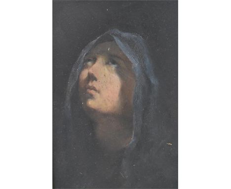 An oil on panel portrait of the Virgin Mary, subject looking up with traditional blue head covering, signed to lower right, "