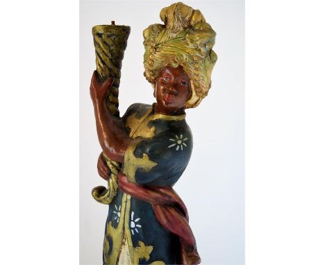 A reproduction painted papier mache Blackamoor figure designed as a lamp, standing on on circular base, 170 cm high 35 cm wid