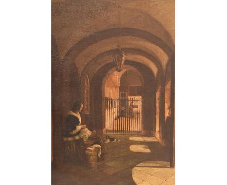 A nineteenth century Dutch school oil on canvas, the scene of a woman and a dog, woman sits sewing with basket beside her, wi