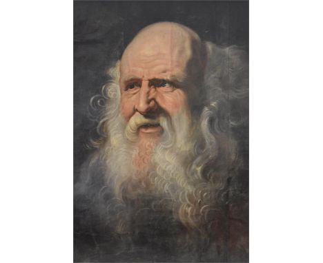 An antique oil on panel portrait of an elderly Leonardo Da Vinci, the subject bearded looking to the side, inscribed to the l