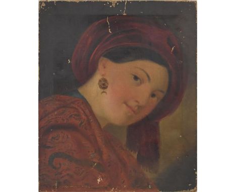 A nineteenth century oil on canvas portrait of a young girl with an earring,subject head forward slightly to the side with re
