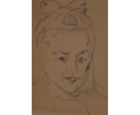 A 19th century pencil portrait drawing of a young girl, subject head turned slightly with a bow in her hair,signed to lower r