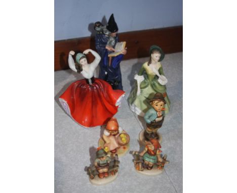 A Royal Doulton 'Wizard', two Doulton Ladies and Four Hummel figures
