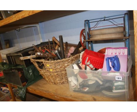 Shelf of assorted, including tools and wall clocks